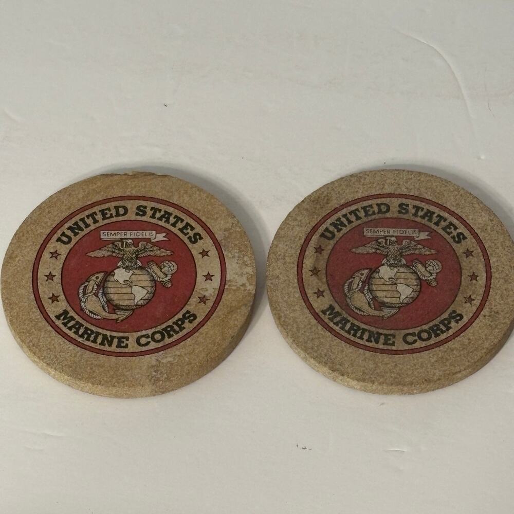 USMC Stone Drink Coasters Set of Two Marine Corps Military Memorabilia